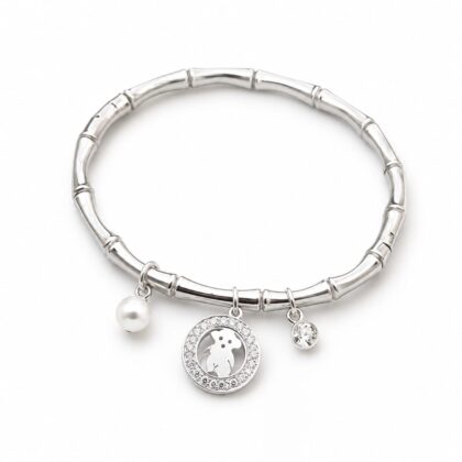 Silver Teddy Charm Cuff Bracelet